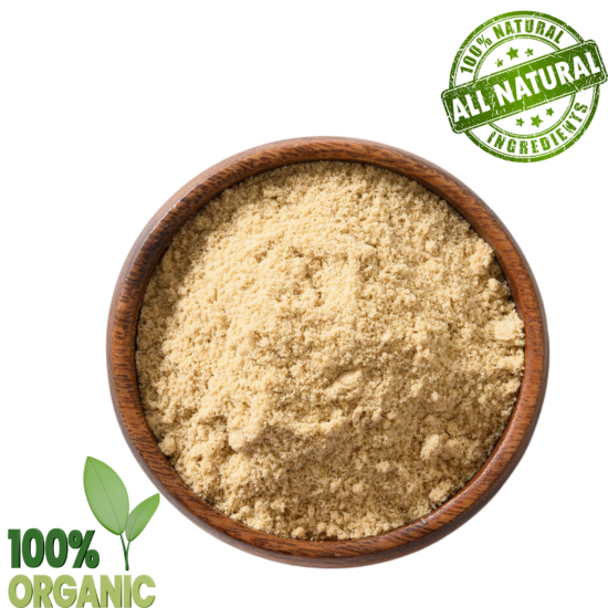 sesame flour wooden bowl white background